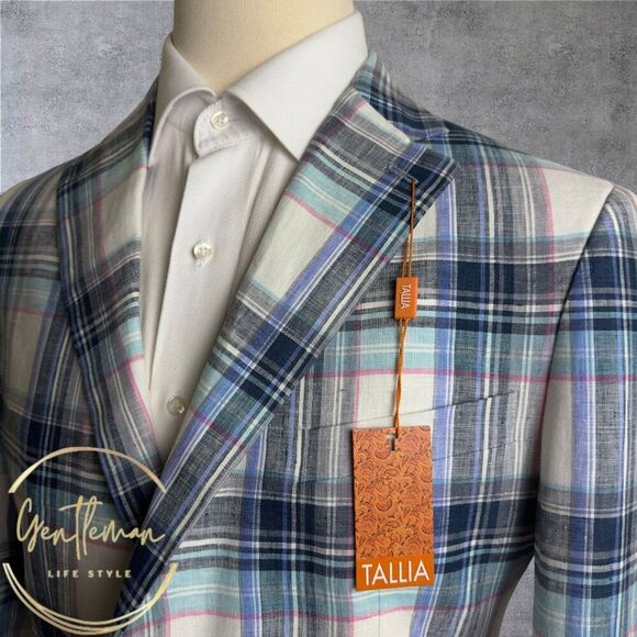 $295 TALLIA 48R Blue/Navy Glen Plaid Linen Blazer Sport Coat 2-Button Jacket - Picture 4 of 9